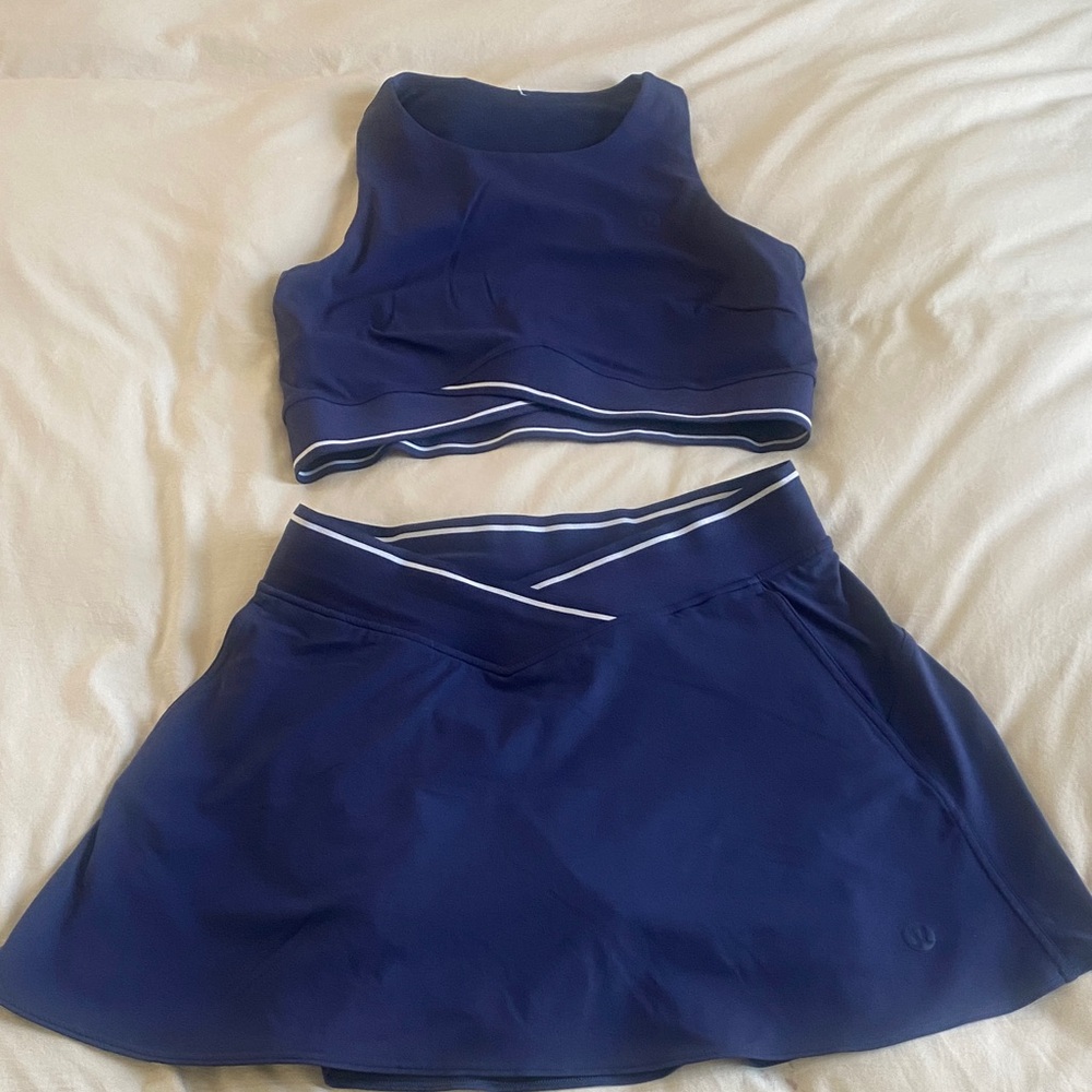 Navy Athletic Skort and Crop Top Set with White Trim